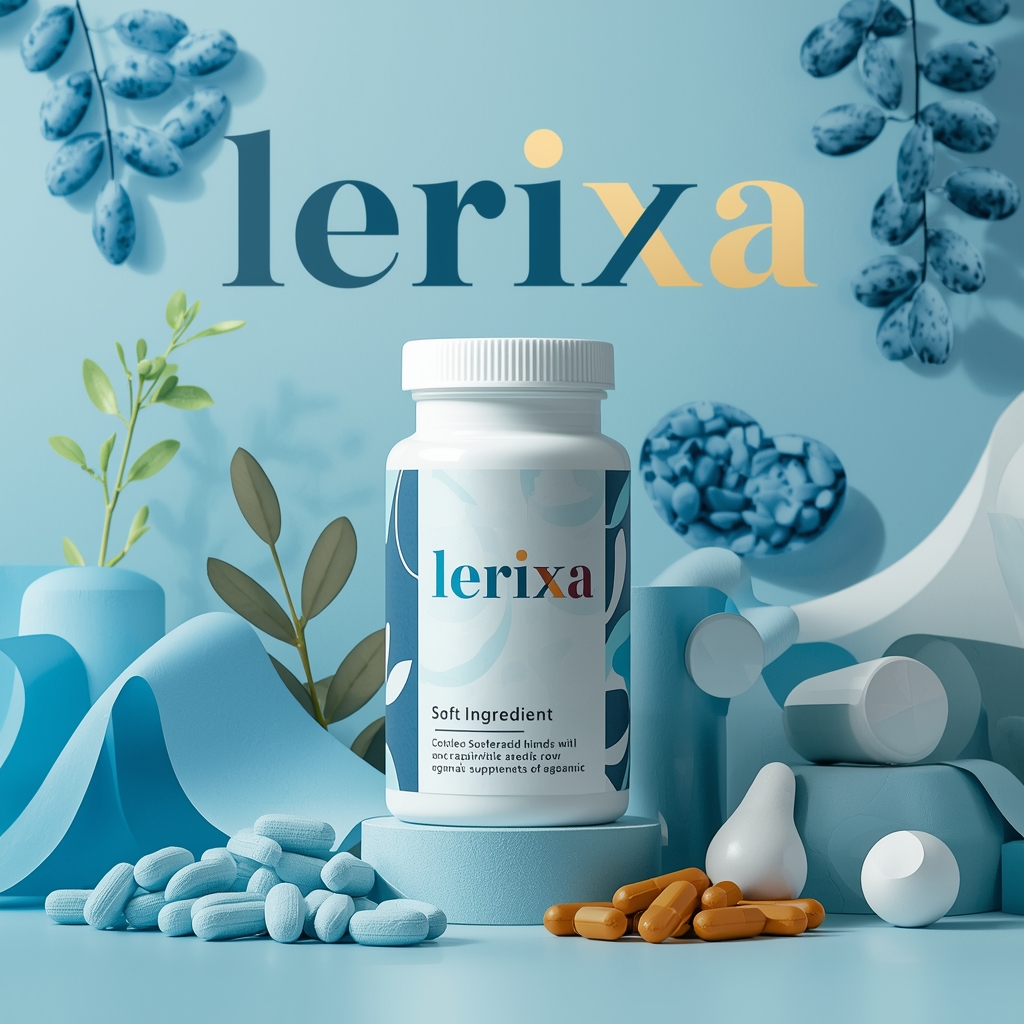 Stylized Lerixa supplement bottle with soft gradient panels